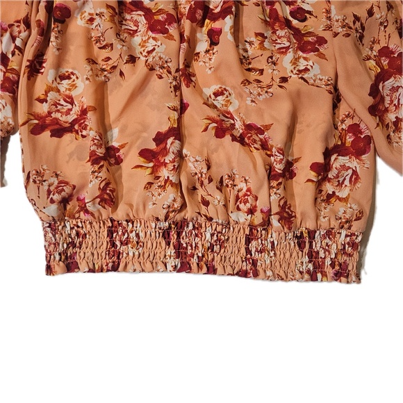 Rose + Olive Blouse Womens Medium Orange Floral Smocked Long Sleeve Boho Top - Picture 5 of 8